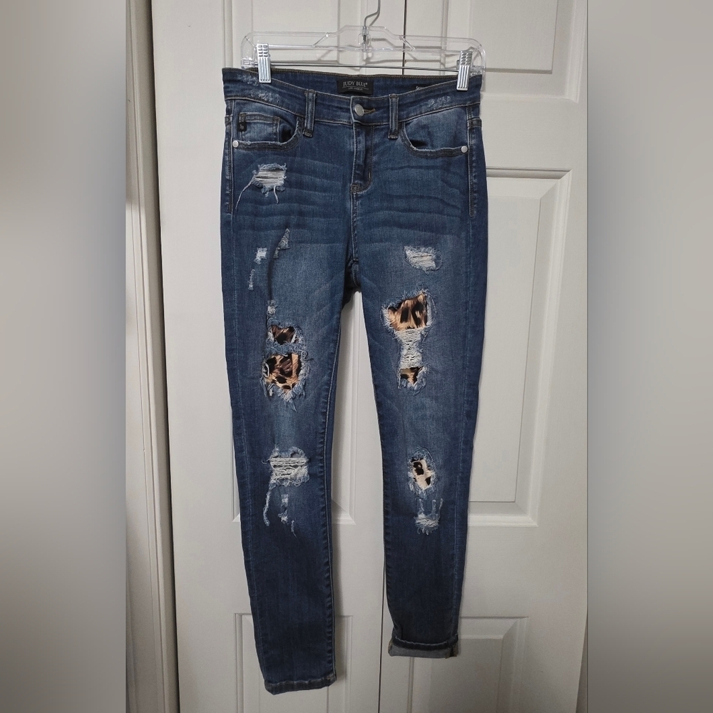 Judy Blue Leopard Patch Distressed Skinny Denim Jeans Size 5/27